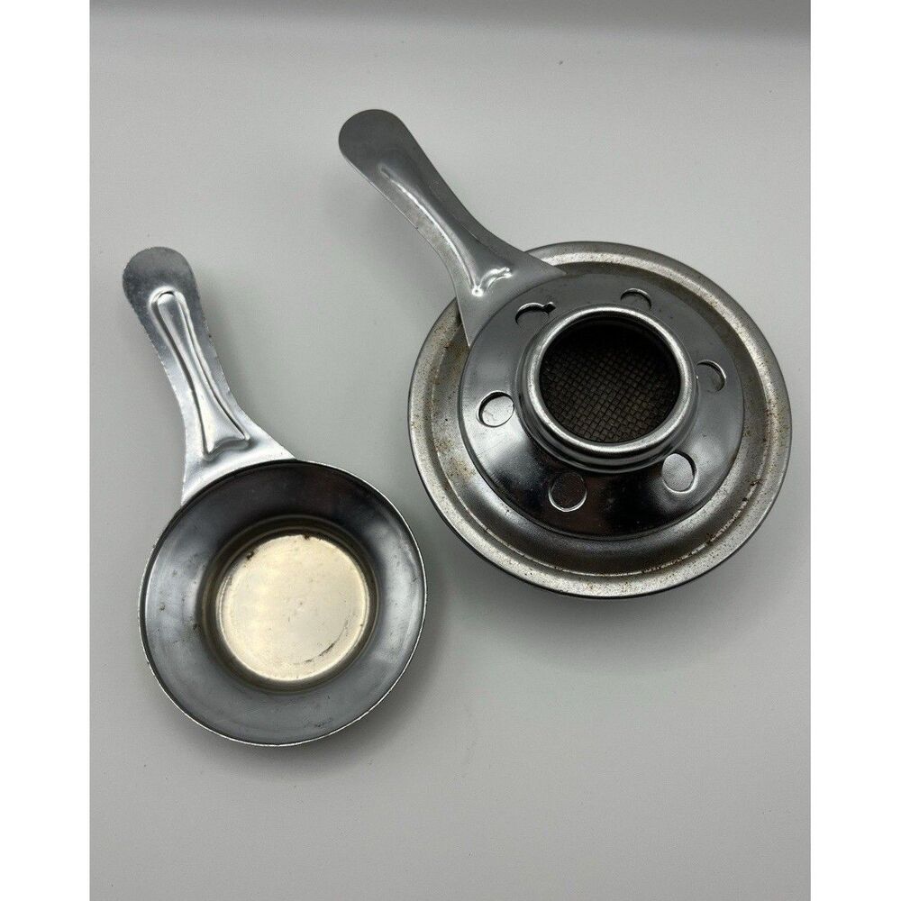 Vtg Chrome Tea Strainer & Infuser Set Retro Mesh Cup Drip Tray Saucer High Tea